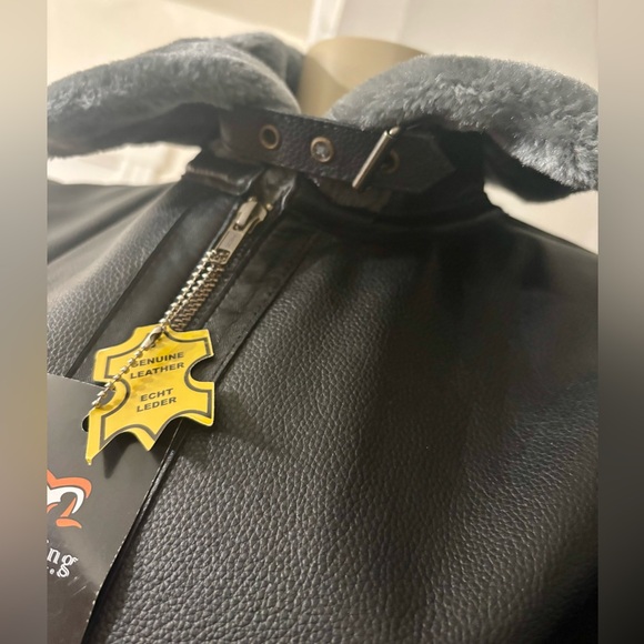 Black Leather Jacket with Gray Fur Trim - Picture 3 of 8